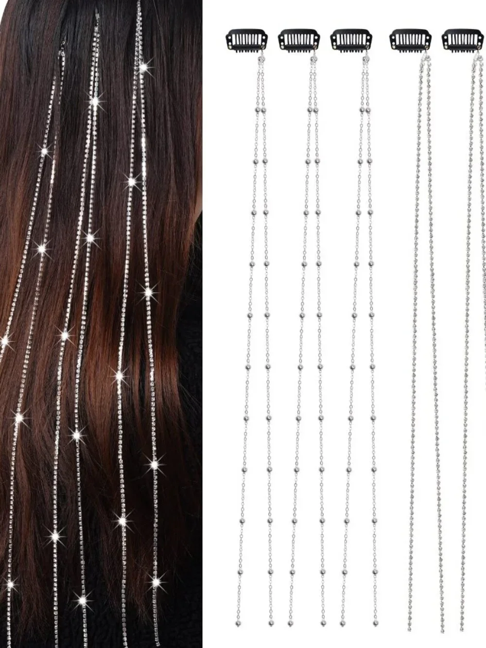 Silver Rhinestone Hair Chains Clip Set – 6 Pc Bling Braid Accessories